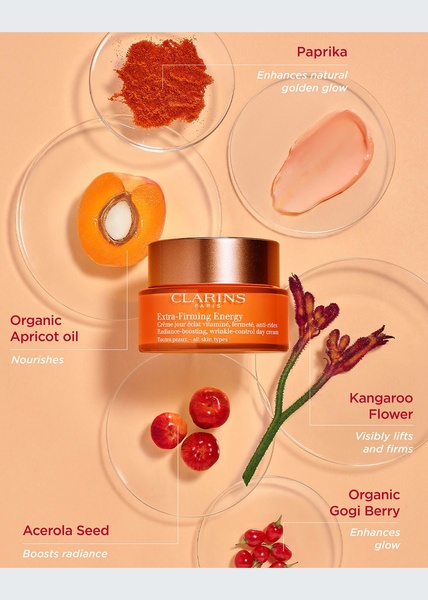 A flat-lay product photography style ad creative that highlights the key botanical and active ingredients surrounding a central skincare jar.